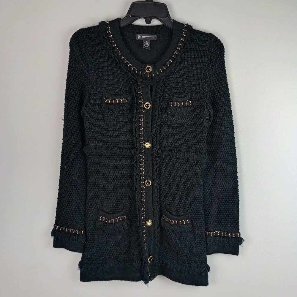 INC International Concepts Womens S Black Fringed Tweed Gold Trim Long Cardigan